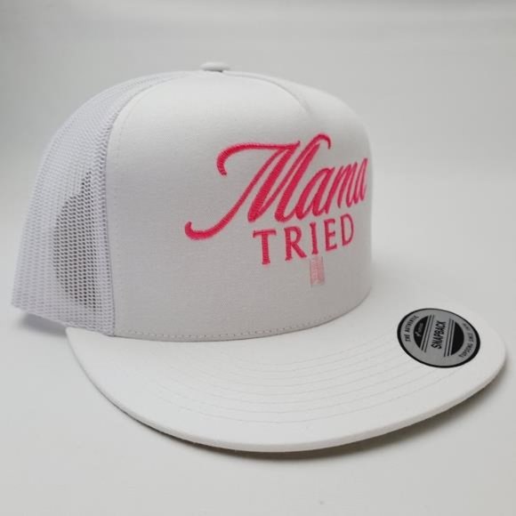 Retro Vintage Style Rebel Hat Mama Tried Trucker Mesh Snapback White Pink Text main image 6